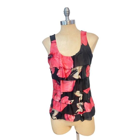 White house Black Market Tops - White House Black Market Red/black Floral Sleeveless Tiered Top XS
